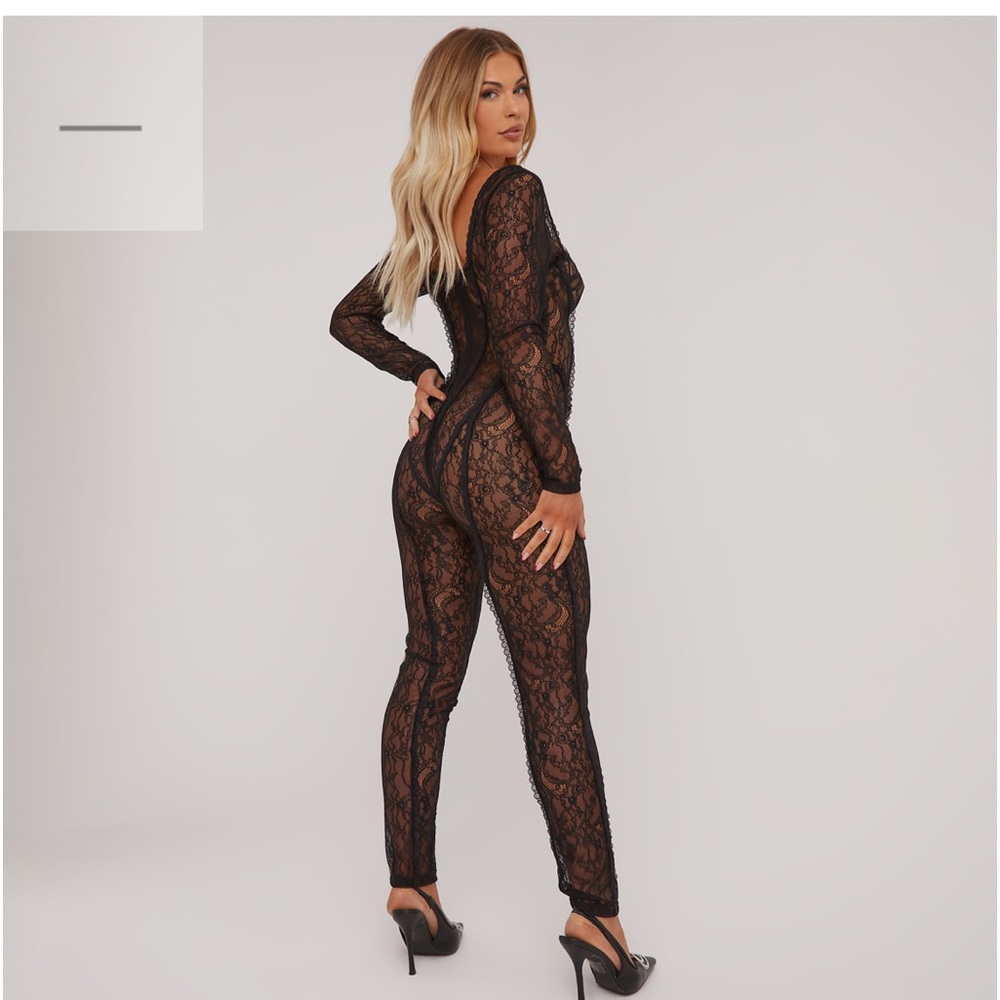 Ego official LONG SLEEVE BONING DETAIL JUMPSUIT IN BLACK LACE